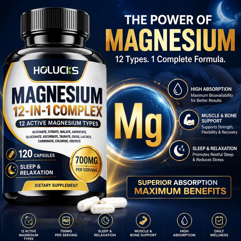 HOLUCKS 12-in-1 Magnesium Complex Capsules | Glycinate Citrate Magnesium Supplement Qst