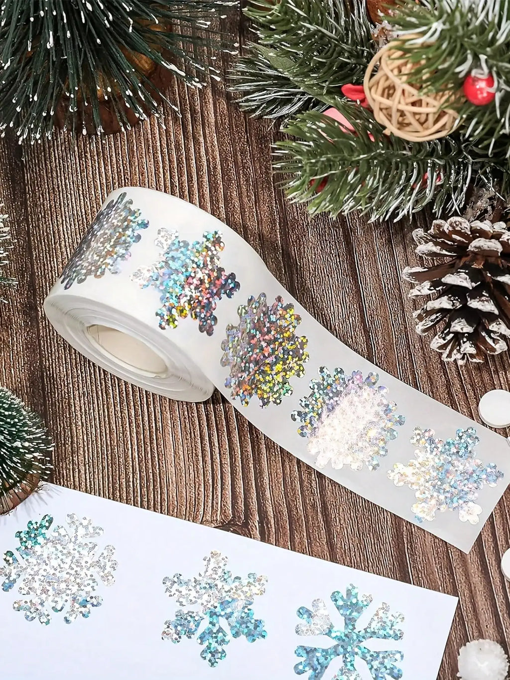 500 Waterproof Laser Snowflake Stickers Roll – Holiday Decor Decorative Sticker Roll Qme