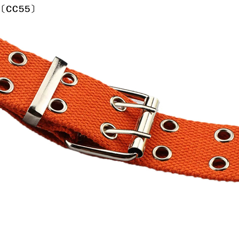 Women's Studded Grommet 2-Row Canvas Pin Buckle Belt 105cm Canvas Fashion Belt Qst
