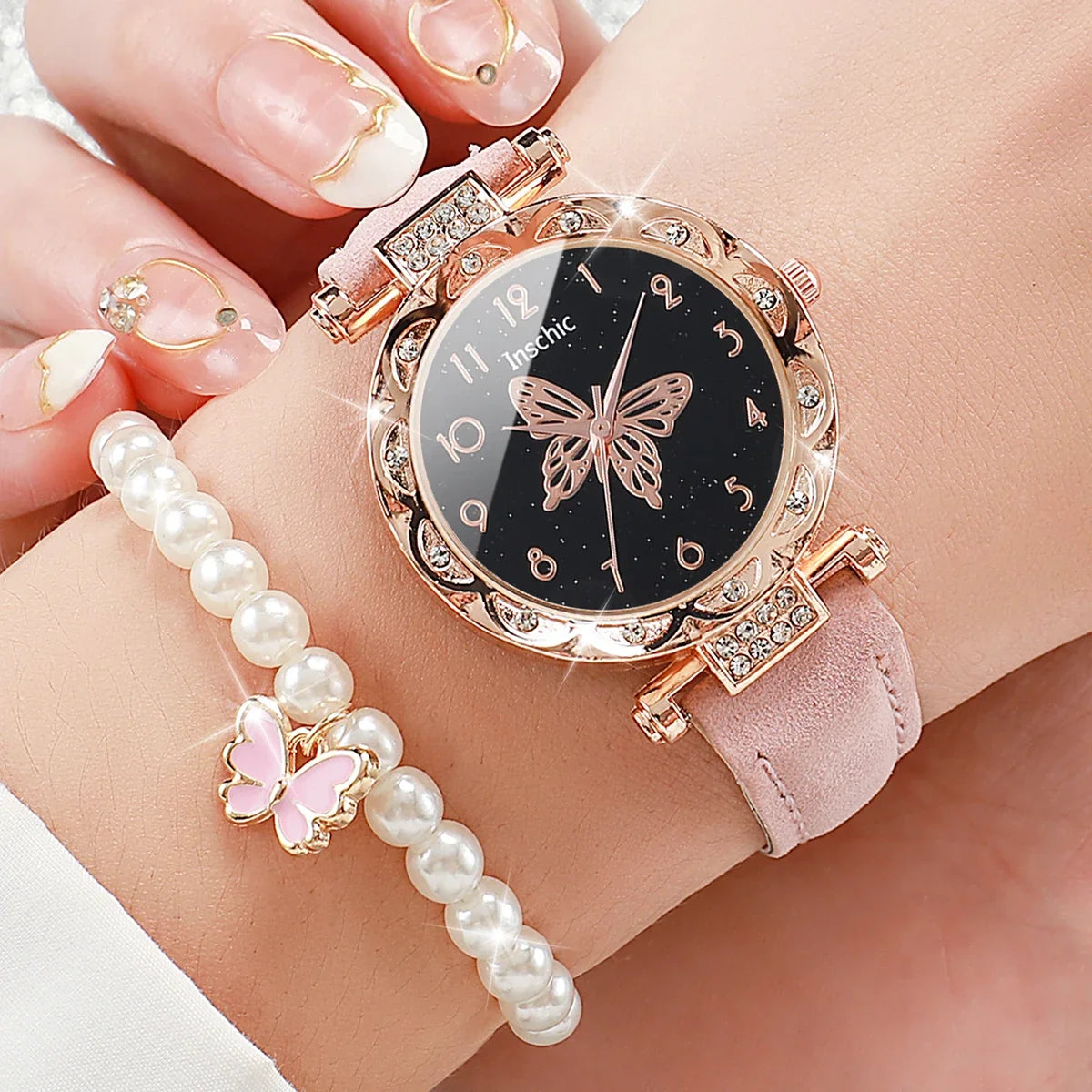Women's Rhinestone Butterfly Dial Leather Bracelet Quartz Watch Women's Fashion Watch Qme
