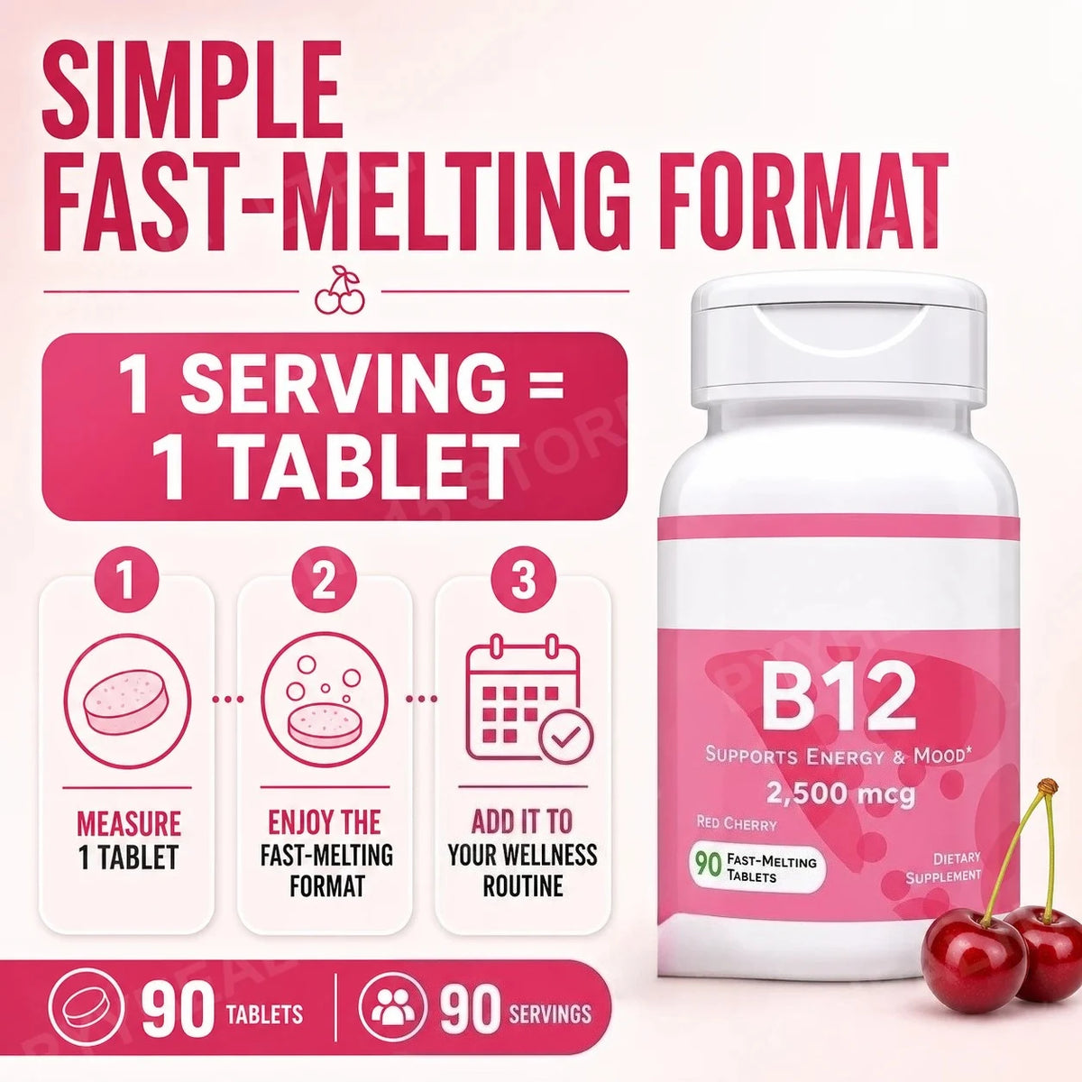 Vitamin B12 2500mcg Fast Dissolve Tablets – Cherry, 90 Count Vitamin Supplement Qst