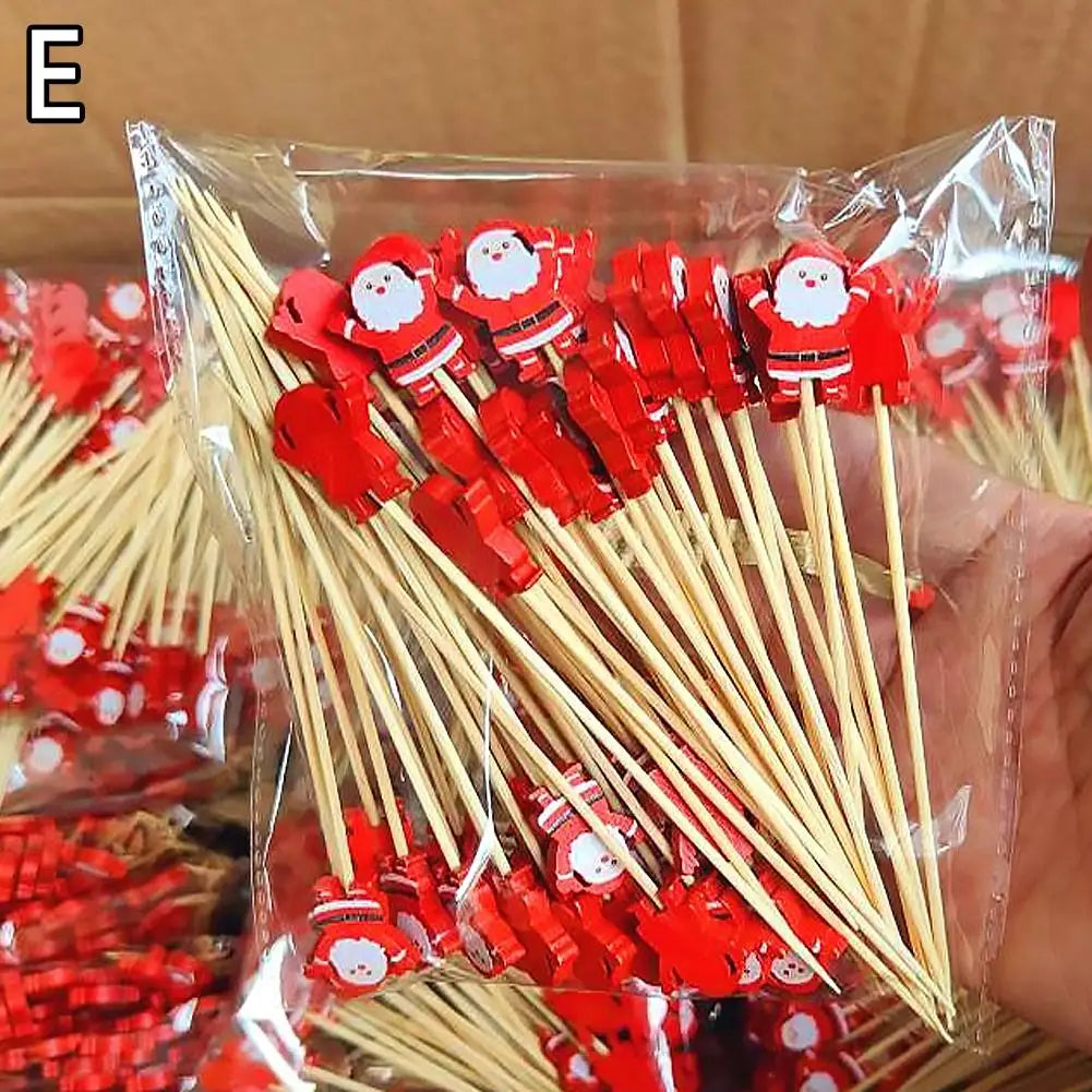 Christmas Bamboo Fruit Picks – Snowflake Santa Elk 50pcs Bamboo Food Picks Qme Santa Claus