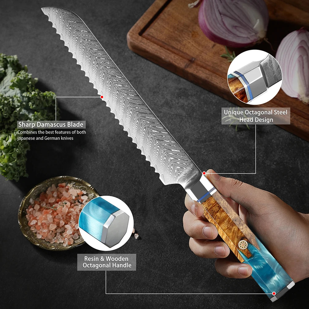 XITUO 8" Damascus Steel Serrated Bread & Cake Knife Serrated Bread Knife Qst