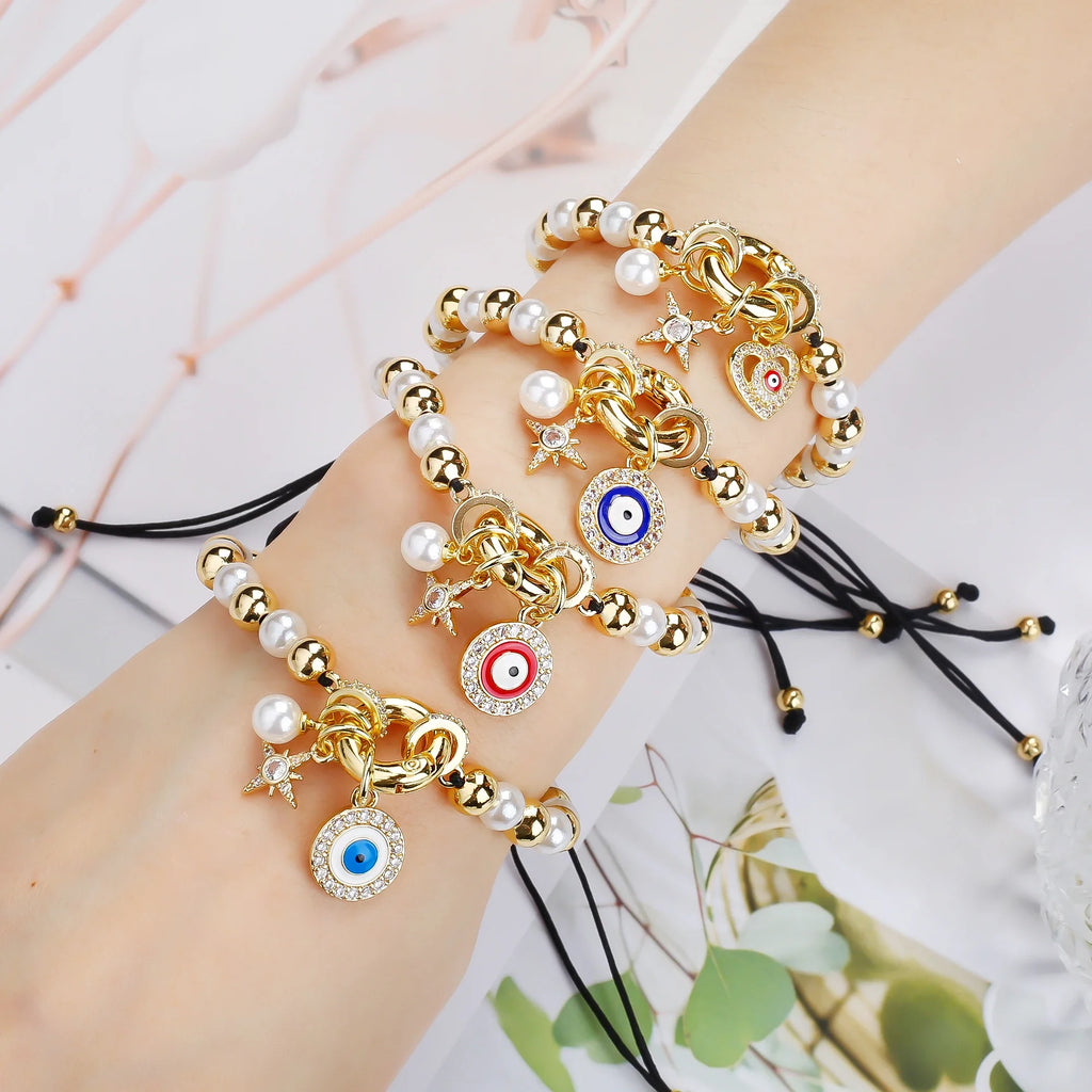 Black Braided Pearl Evil Eye Copper Bead Bracelet | 10 Colors Beaded Charm Bracelet Qme