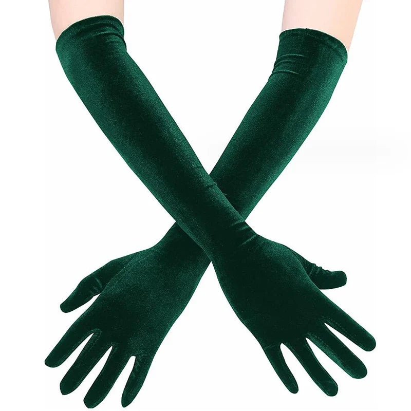 Women's Velvet Long Evening Gloves | Retro Banquet Mittens Evening Gloves Qme green one size
