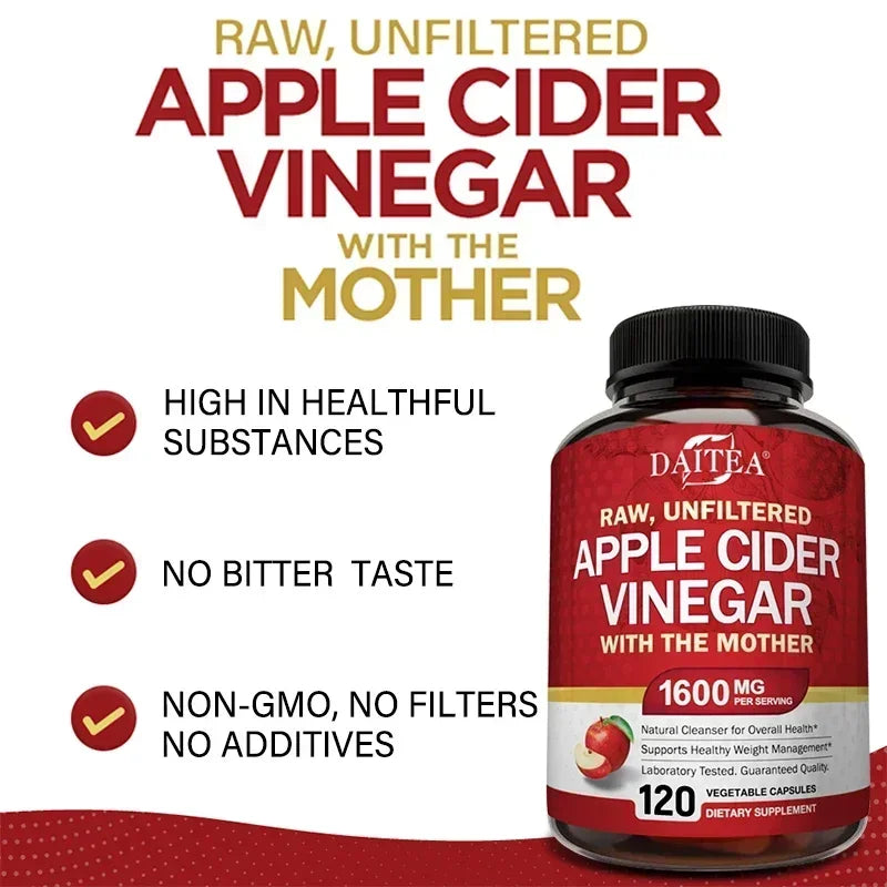 DAITEA Apple Cider Vinegar 1600mg Capsules with The Mother ACV Dietary Supplement Qst