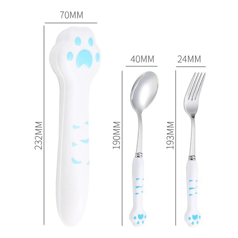Cute Cat Paw Stainless Steel Cutlery Set with Storage Box Cutlery Set Qst 191mm blue