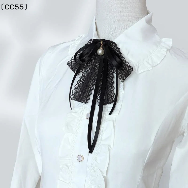 Black Lace Bow Tie Pearl Brooch – Women's Collar Accessory Bow Tie Brooch Qst