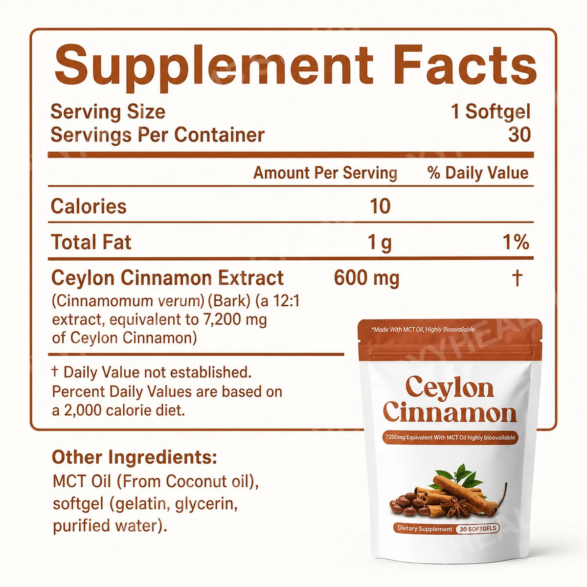 Ceylon Cinnamon Softgels 7200mg – 12:1 Extract + MCT Oil Herbal Supplement Qst