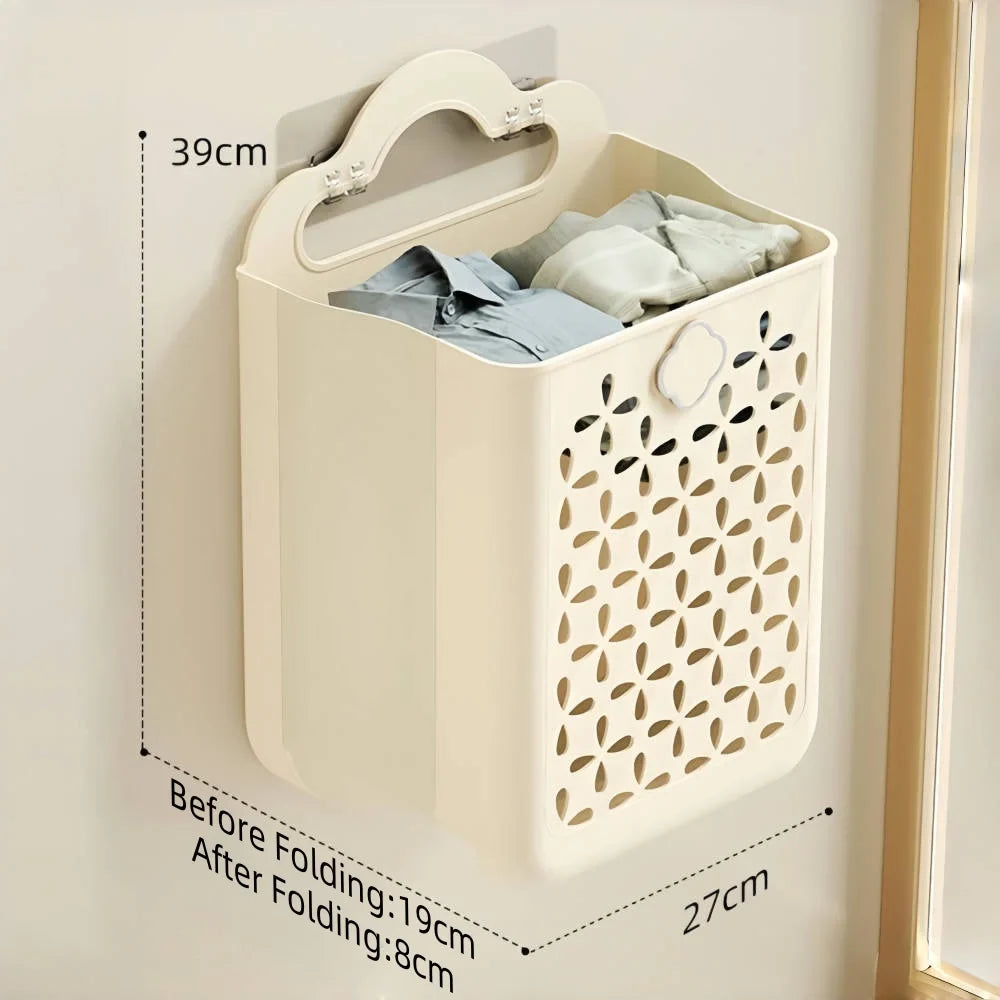 Large Folding Bathroom Laundry Basket | Wall-Mounted Storage Folding Laundry Basket Qme Cream White-Large