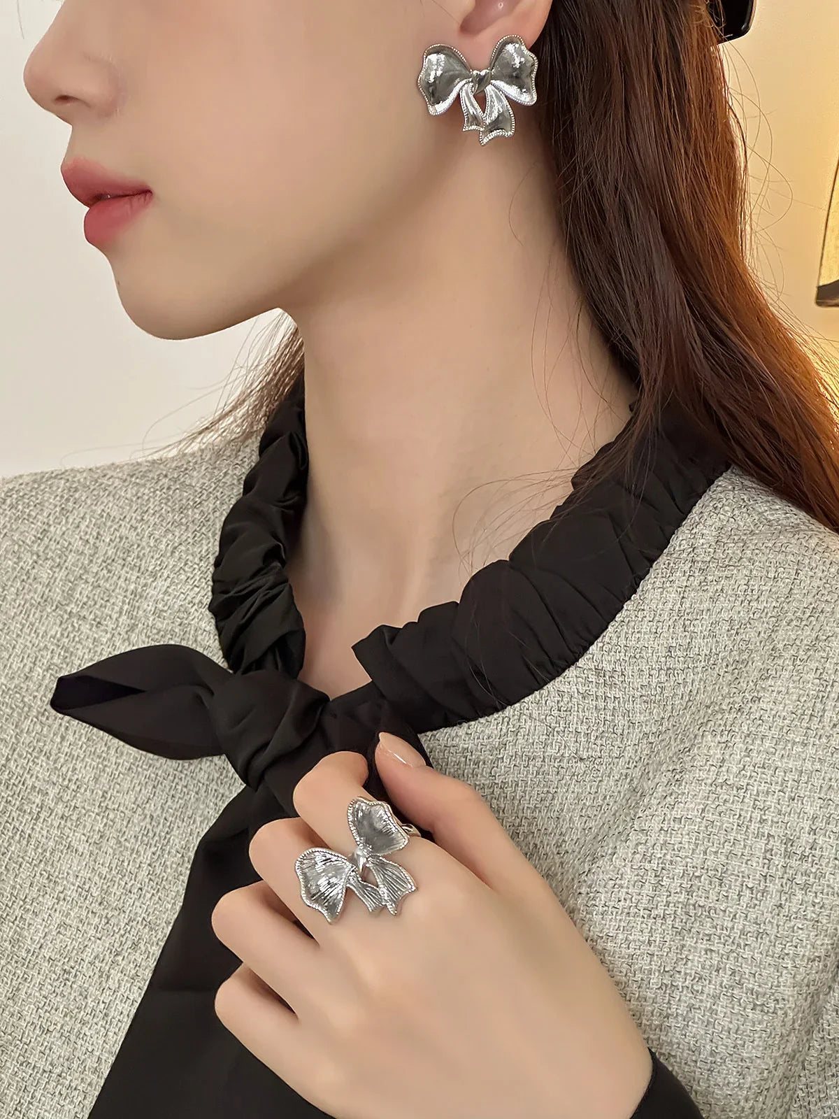 Silver Bow Knot Statement Ring for Women – Korean Style Statement Ring Qme