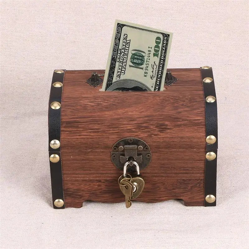 Vintage Wooden Treasure Chest Piggy Bank with Lock Decorative Piggy Bank Qme