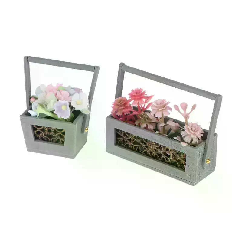 Miniature Artificial Flower Basket Resin Decor Prop – 2 Colors Artificial Floral Decor Qme