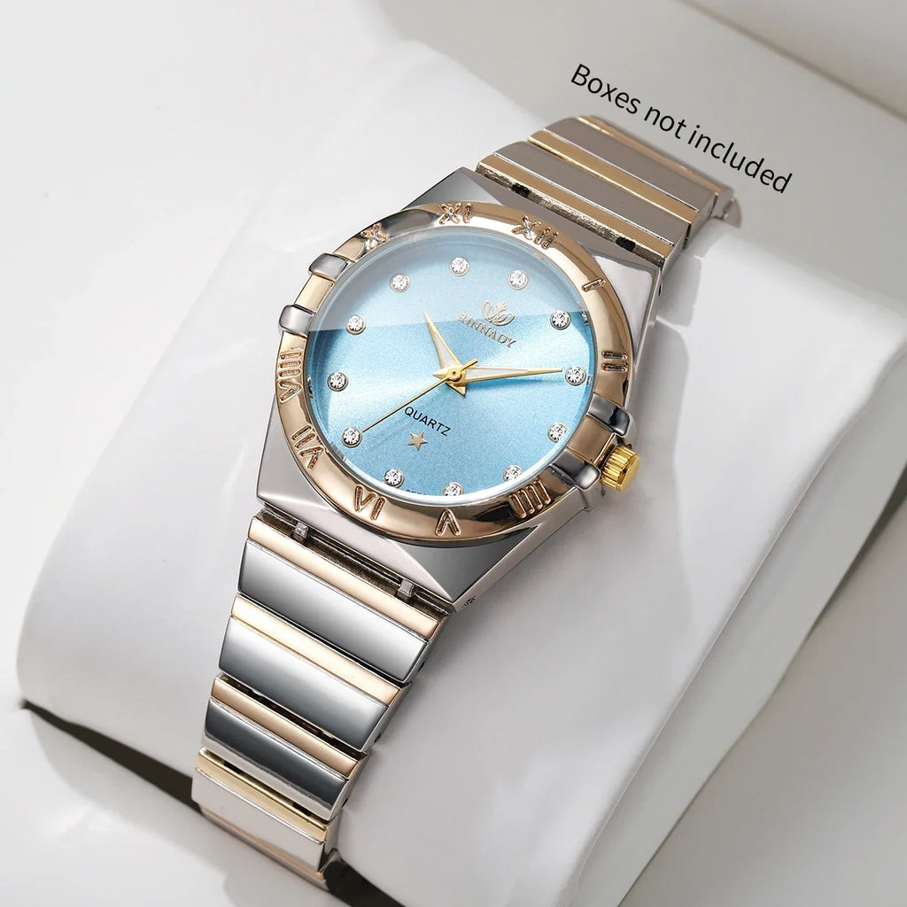 Women's Two-Tone Rhinestone Quartz Watch – Blue Dial Fashion Quartz Watch Qme Blue No Box