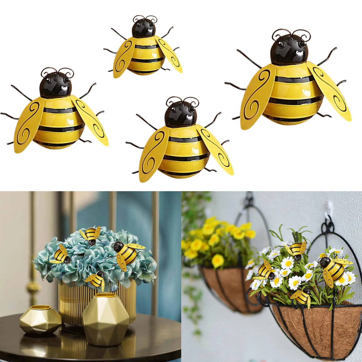 Bumble Bee Garden Sculptures – 4 Pc Outdoor Patio Yard Decor Garden Sculpture Set Qme As show One Size