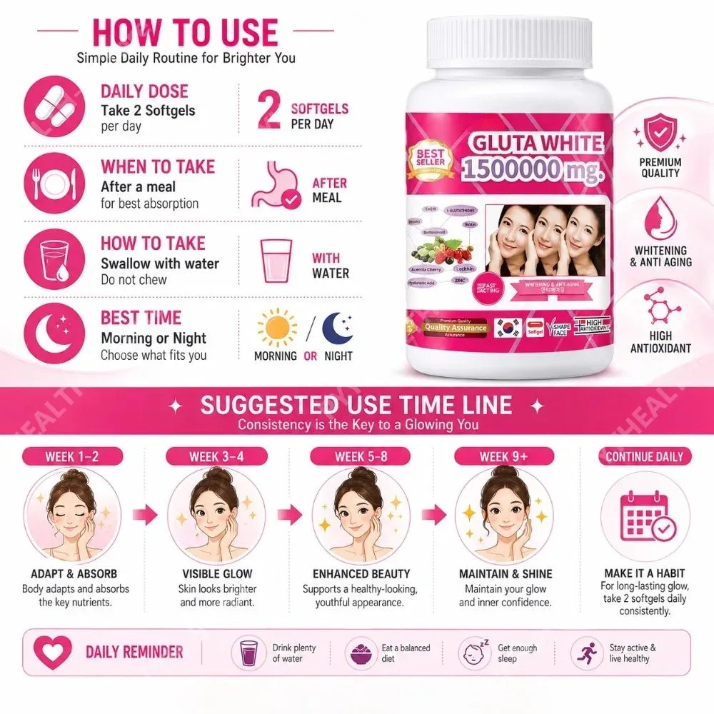Glutathione Collagen Softgels 100ct – Vitamin C, Biotin & Zinc Beauty Supplement Softgels Qst