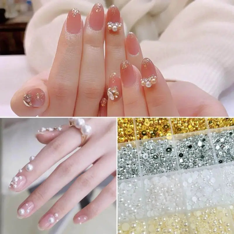 12-Grid Mixed Pearl Nail Charms – Gold & Silver Nail Decor Nail Art Charms Qme