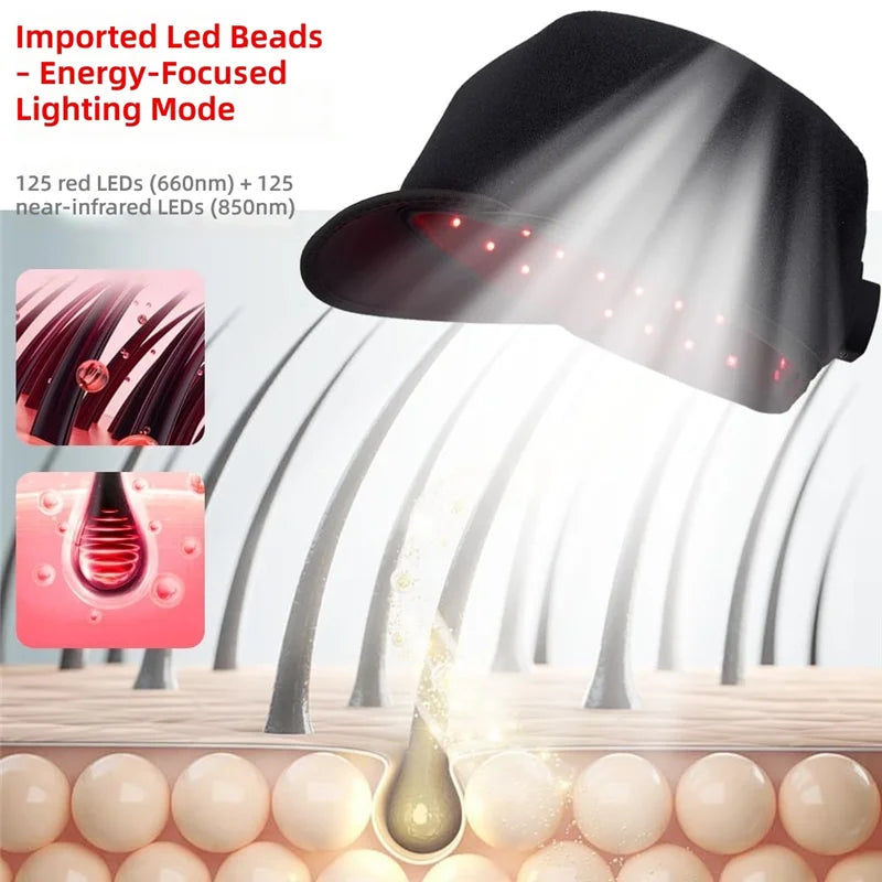 125-LED Red Light Therapy Cap 660nm 850nm Near-Infrared Scalp LED Scalp Therapy Cap Qst UK Plug Black