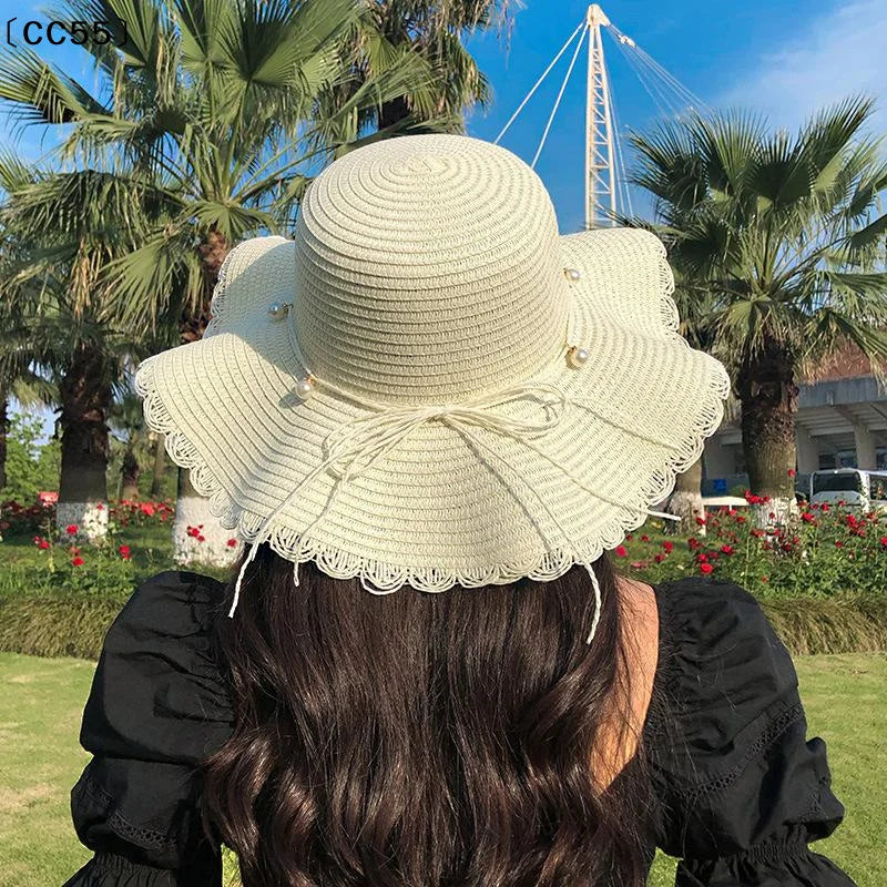 French Pearl Strap Wide Brim Straw Hat – Foldable Women's Sun Hat Wide Brim Straw Hat Qst