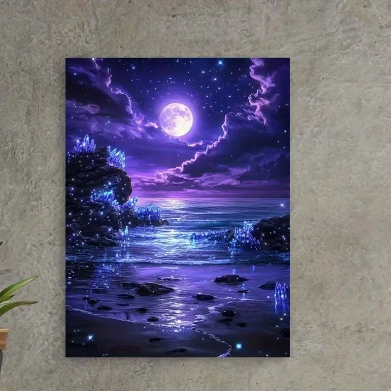 Frameless Canvas Wall Art – Full Moon Purple Beach Print Canvas Wall Art Qst