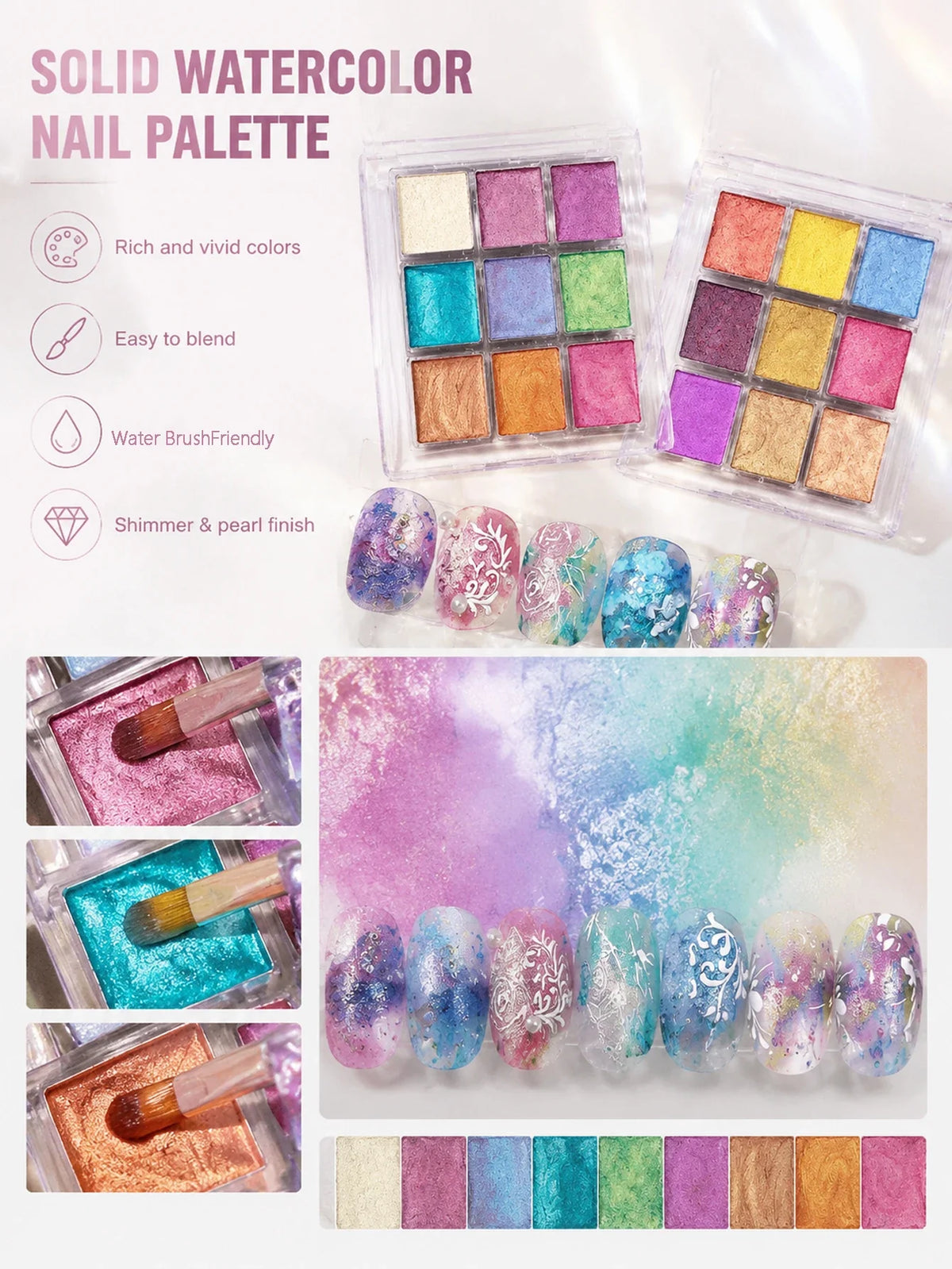 9-Color Pearlescent Watercolor Nail Art Palette | DIY Nails Nail Art Palette Qme