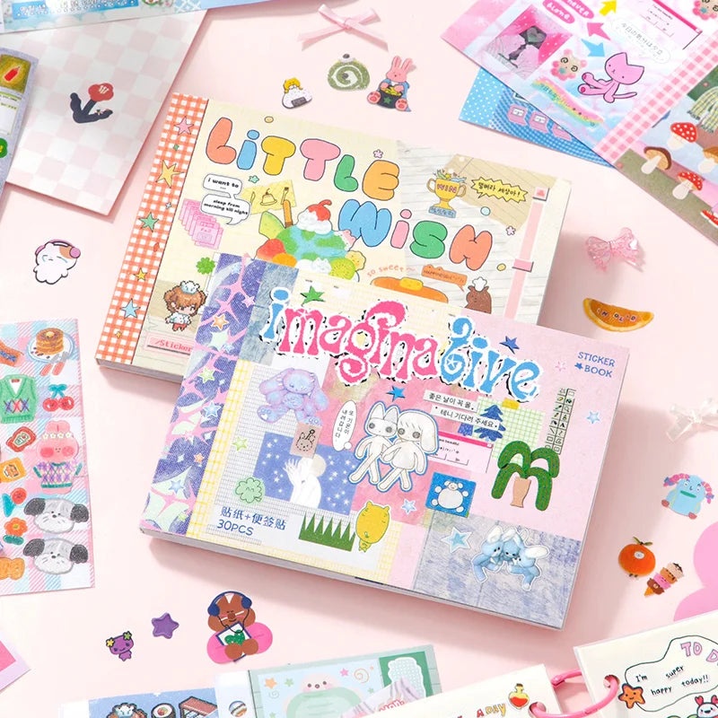 30-Sheet Cute Cartoon Scrapbook Sticker Diary | 4 Colors Scrapbook Journal Qme