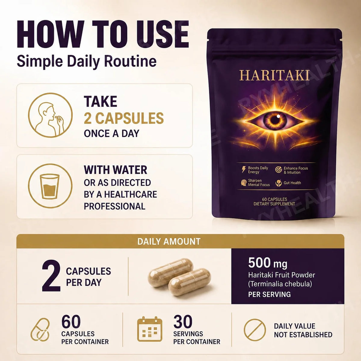 Haritaki Fruit Powder Capsules – Gut Health & Focus | 60 Caps Herbal Supplement Qst