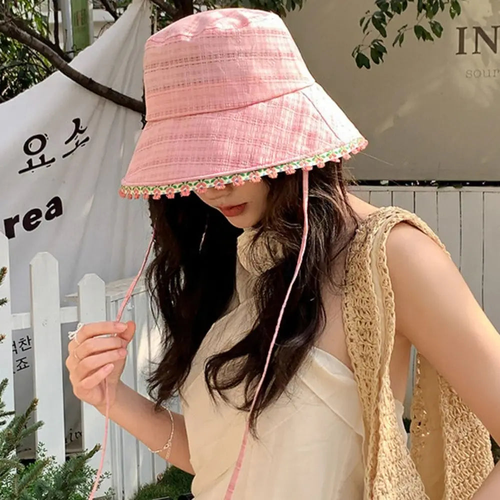 Women's Lace-Up Fisherman Bucket Hat – Plaid Summer Sun Hat Bucket Sun Hat Qme
