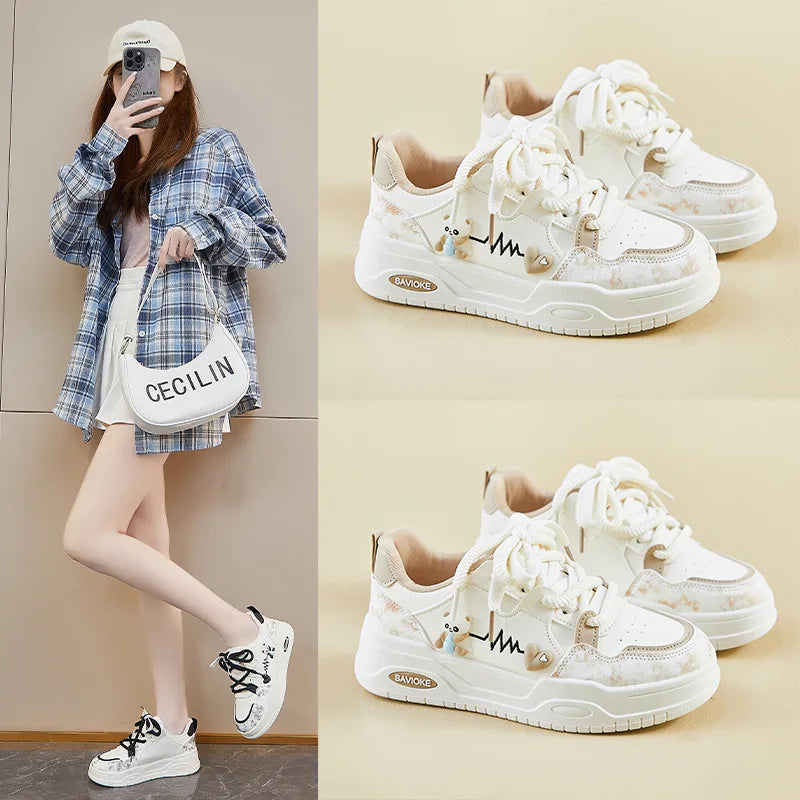 Women's White Lace-Up Height Increasing Casual Sports Shoes Women's Casual Sneakers Qst