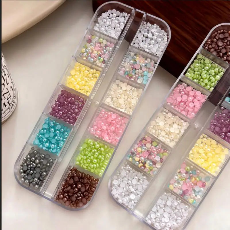 12-Grid Colorful Pearl Half-Round Beads for Nail Art & DIY Nail Art Beads Qme