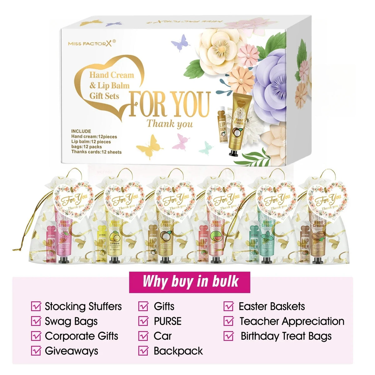 12-Piece Hand Cream & Lip Balm Gift Set | Net Bag & Card Beauty Gift Set Qme