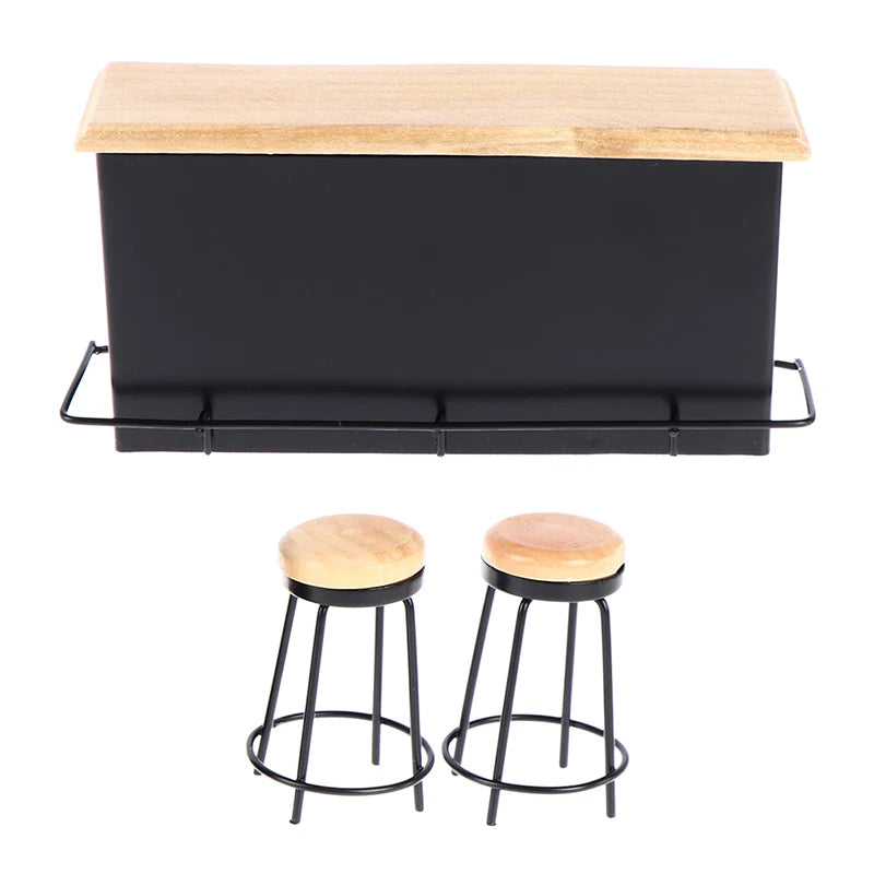 1:12 Dollhouse Miniature Bar Counter & Stool Set – 3 Pcs Dollhouse Furniture Set Qst
