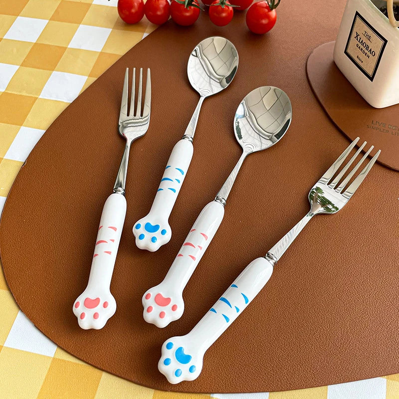 Cute Cat Paw Stainless Steel Cutlery Set with Storage Box Cutlery Set Qst