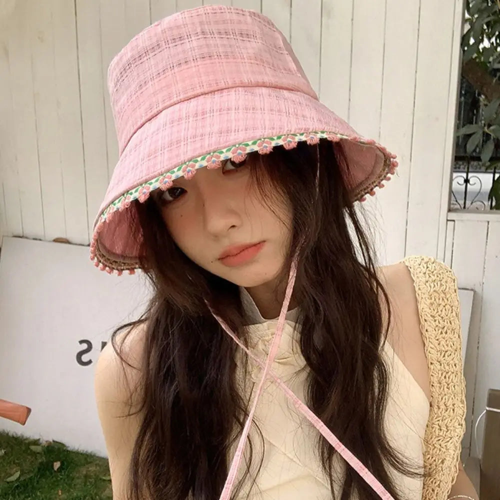 Women's Lace-Up Fisherman Bucket Hat – Plaid Summer Sun Hat Bucket Sun Hat Qme