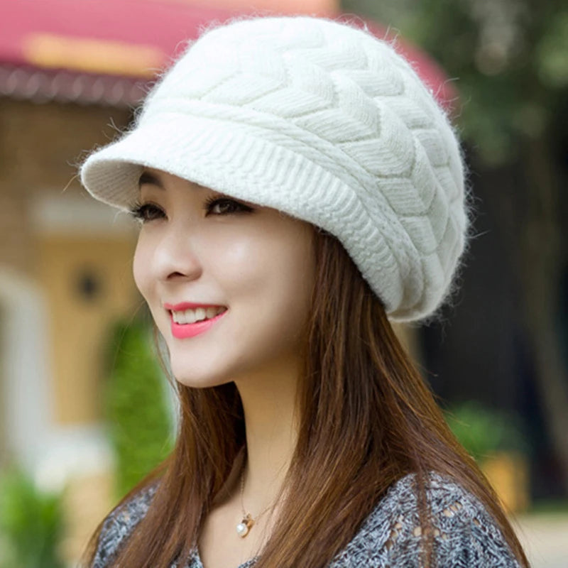 Women's Fleece-Lined Knitted Beret – Warm Winter Hat Knitted Beret Hat Qst one size White
