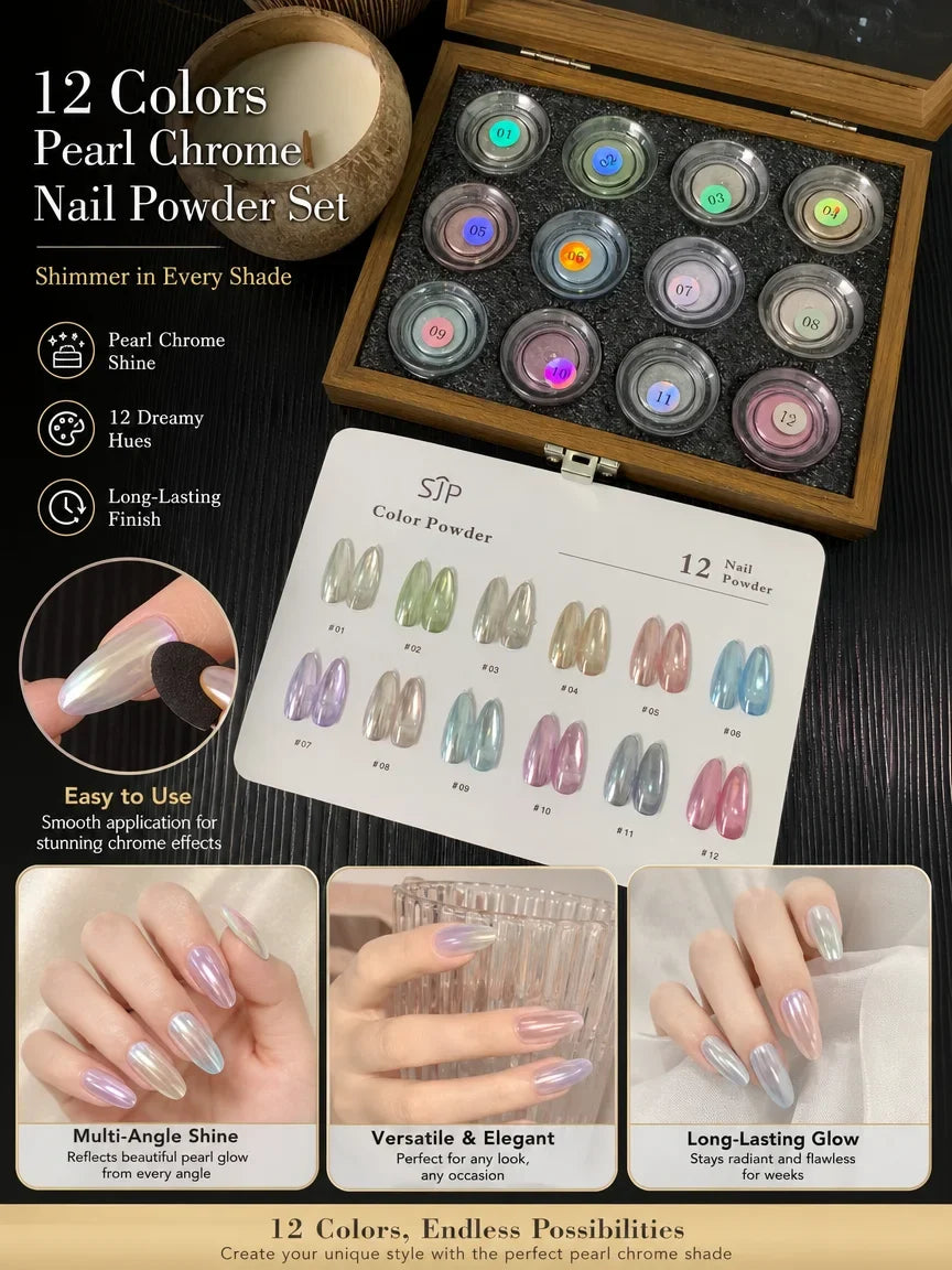 12-Color Magic Mirror Nail Powder Kit with Storage Box & Cards Nail Art Powder Kit Qme