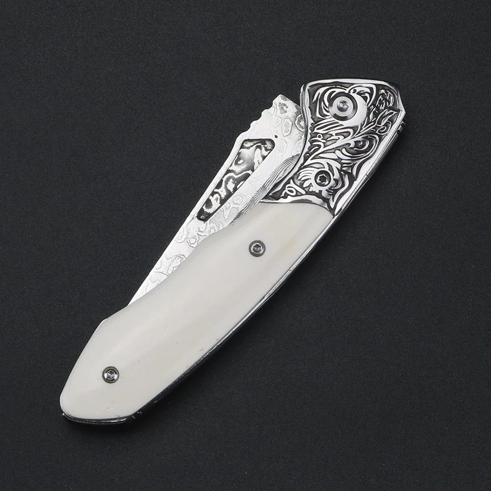 XUANFENG Damascus VG10 Folding Knife – Bull Bone Handle EDC Folding Pocket Knife Qst