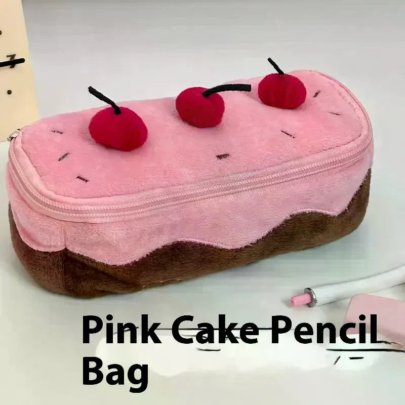 Kawaii Cherry Cake Plush Pencil Case – Large Capacity Fuzzy Kawaii Pencil Case Qme
