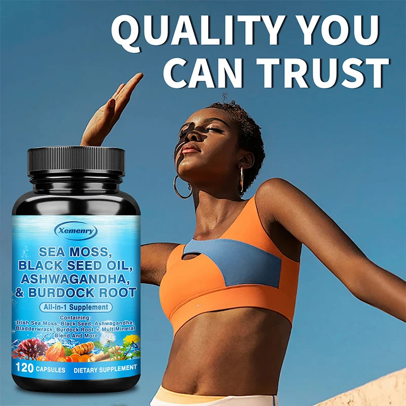Sea Moss, Black Seed Oil, Ashwagandha & Burdock Root Capsules Herbal Supplement Qst