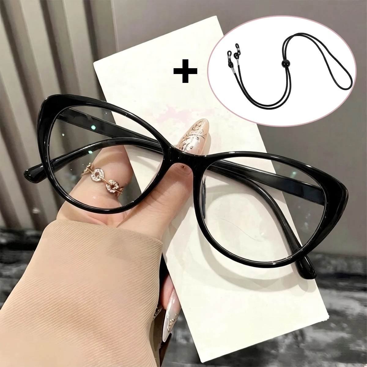 VOPHA Cat Eye Reading Glasses with Retainer Strap | L52 Cat Eye Reading Glasses Qst Black +100