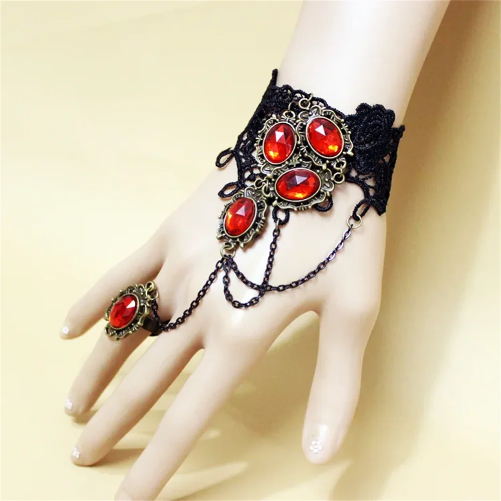 Vampire Black Lace Gem Bracelet – Vintage Punk Ring Lace Gem Bracelet Qme