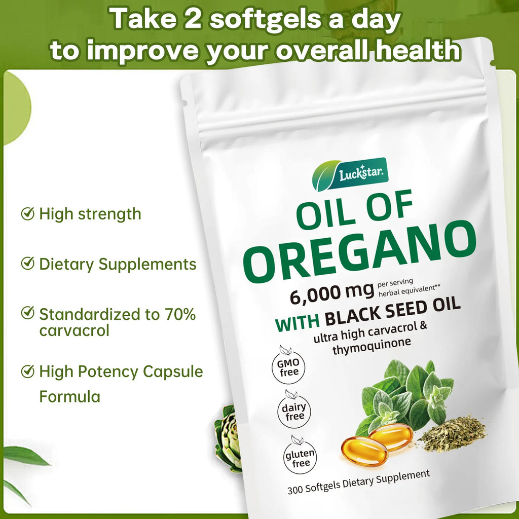 Oil of Oregano 300 Softgels 6000mg + Black Seed Oil Supplement Herbal Supplement Softgels Qst