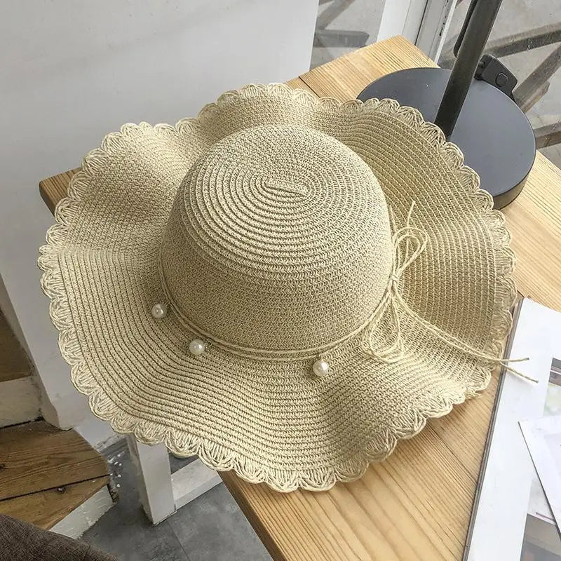 French Pearl Strap Wide Brim Straw Hat – Foldable Women's Sun Hat Wide Brim Straw Hat Qst A2