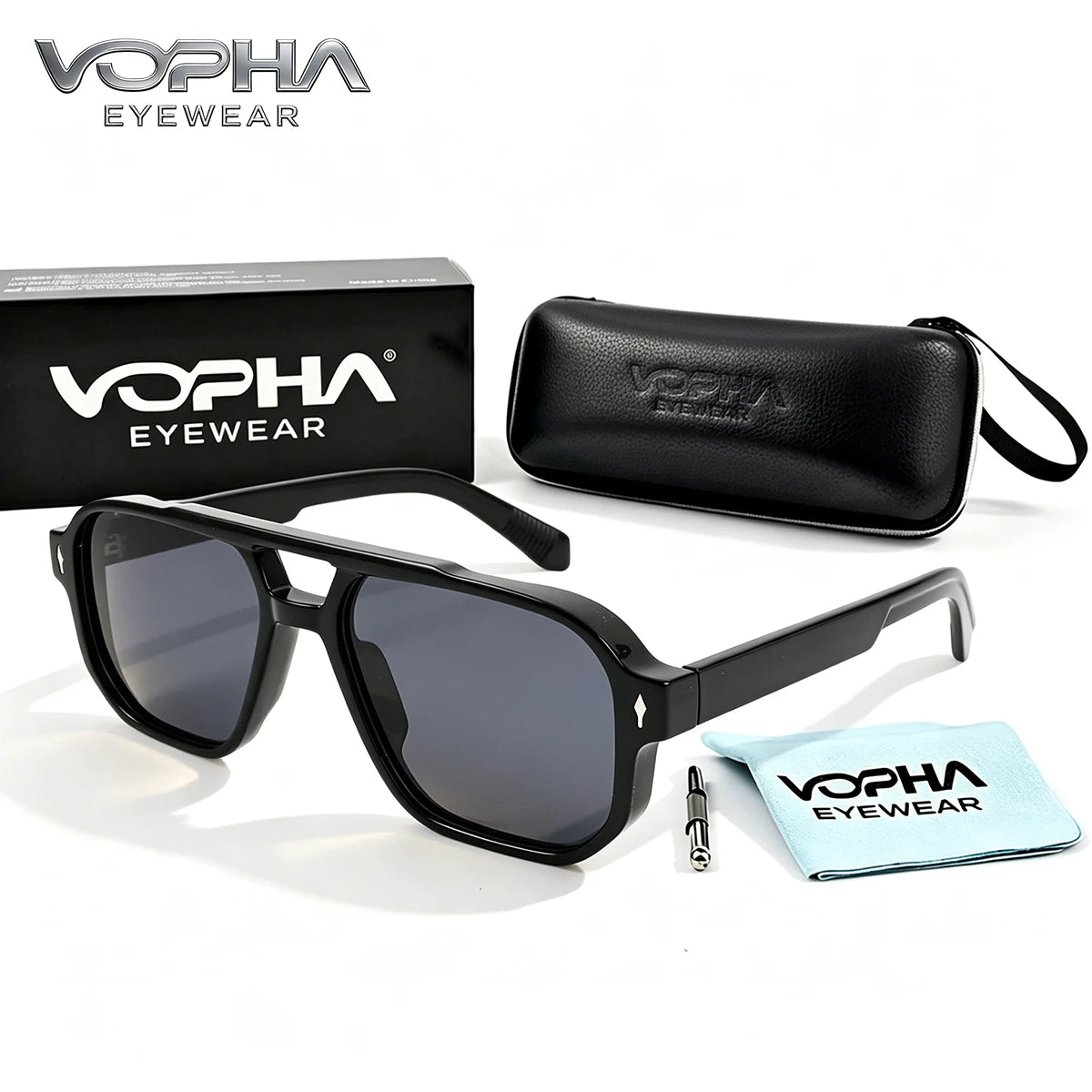 VOPHA Retro Pilot Sunglasses Double Bridge UV400 Unisex Pilot Sunglasses Qst Black gray