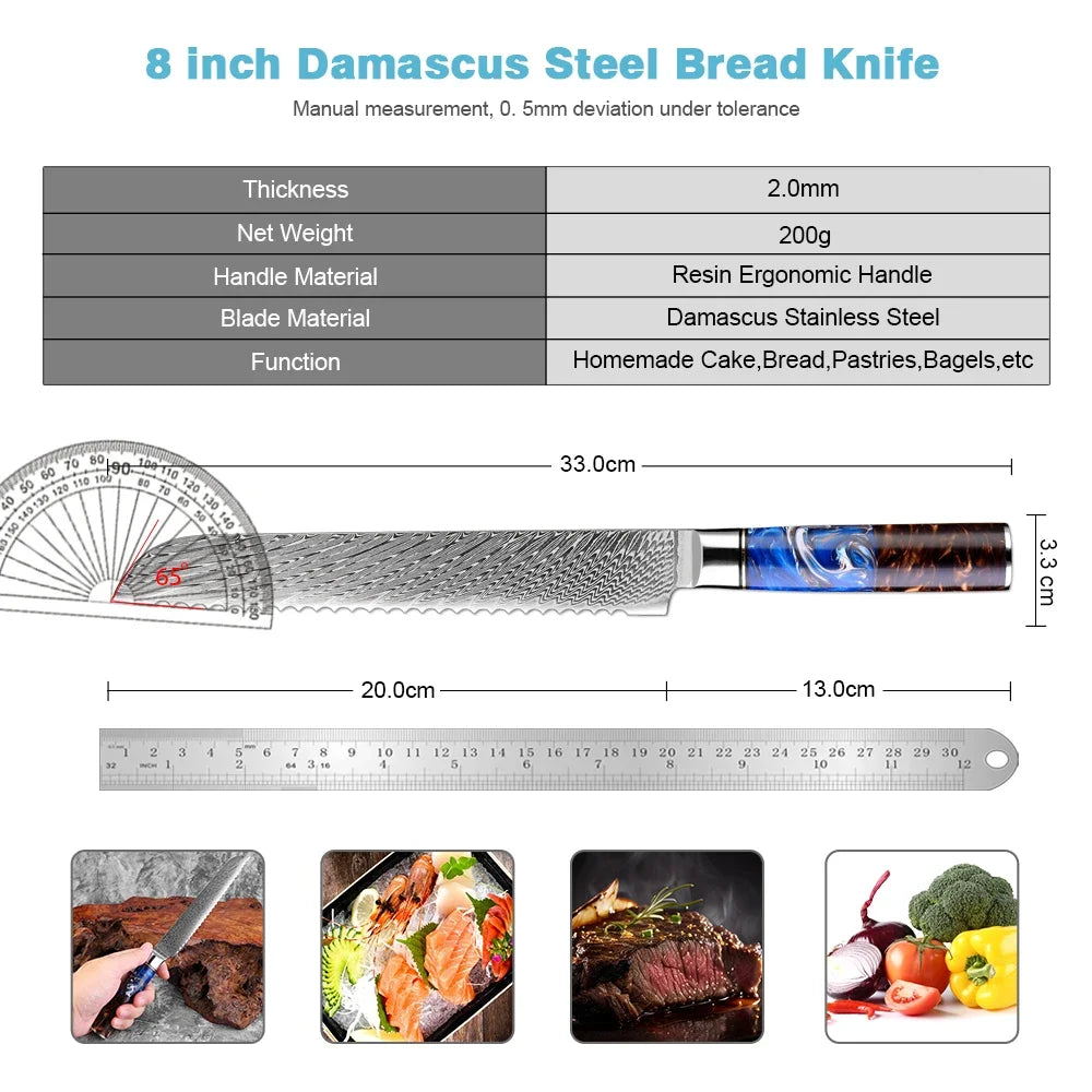 8-Inch Damascus Serrated Bread Knife – 67-Layer Steel Serrated Bread Knife Qst