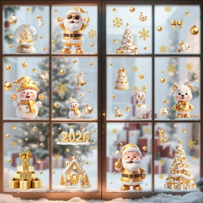 Golden Santa Snowman Reusable Static Cling Window Decals Christmas Window Clings Qme