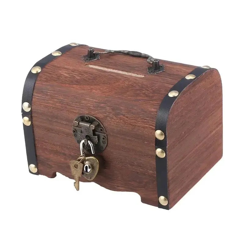 Vintage Wooden Treasure Chest Piggy Bank with Lock Decorative Piggy Bank Qme