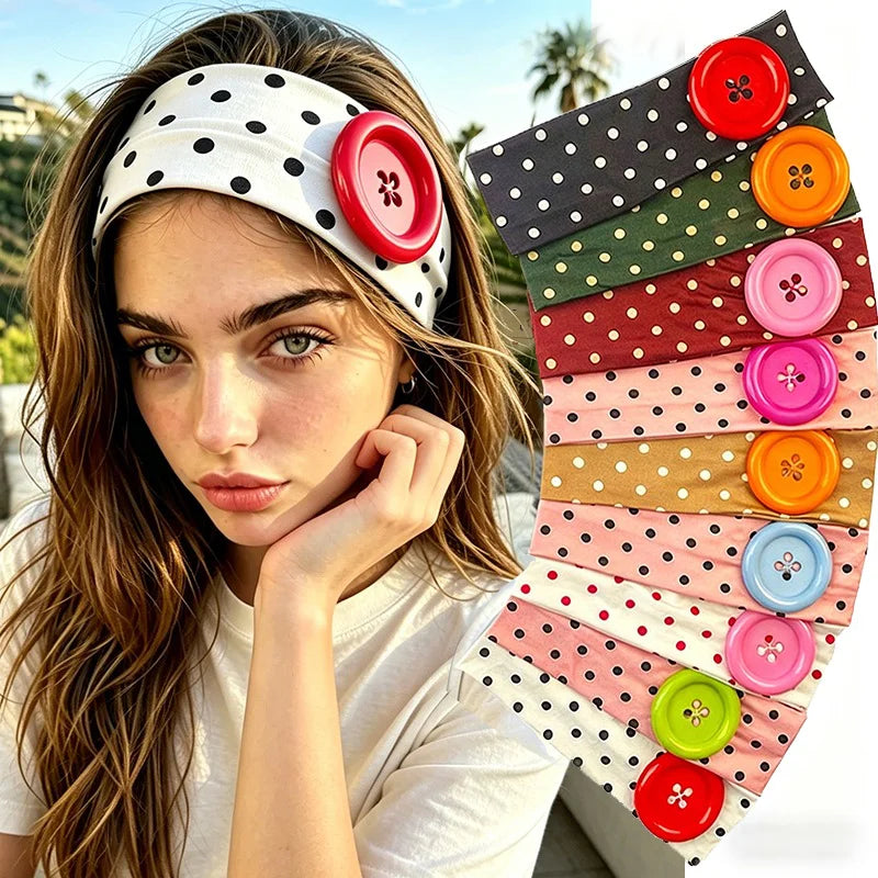 Y2K Wide Polka Dot Elastic Headband – Big Button Hair Hoop Wide Elastic Headband Qme
