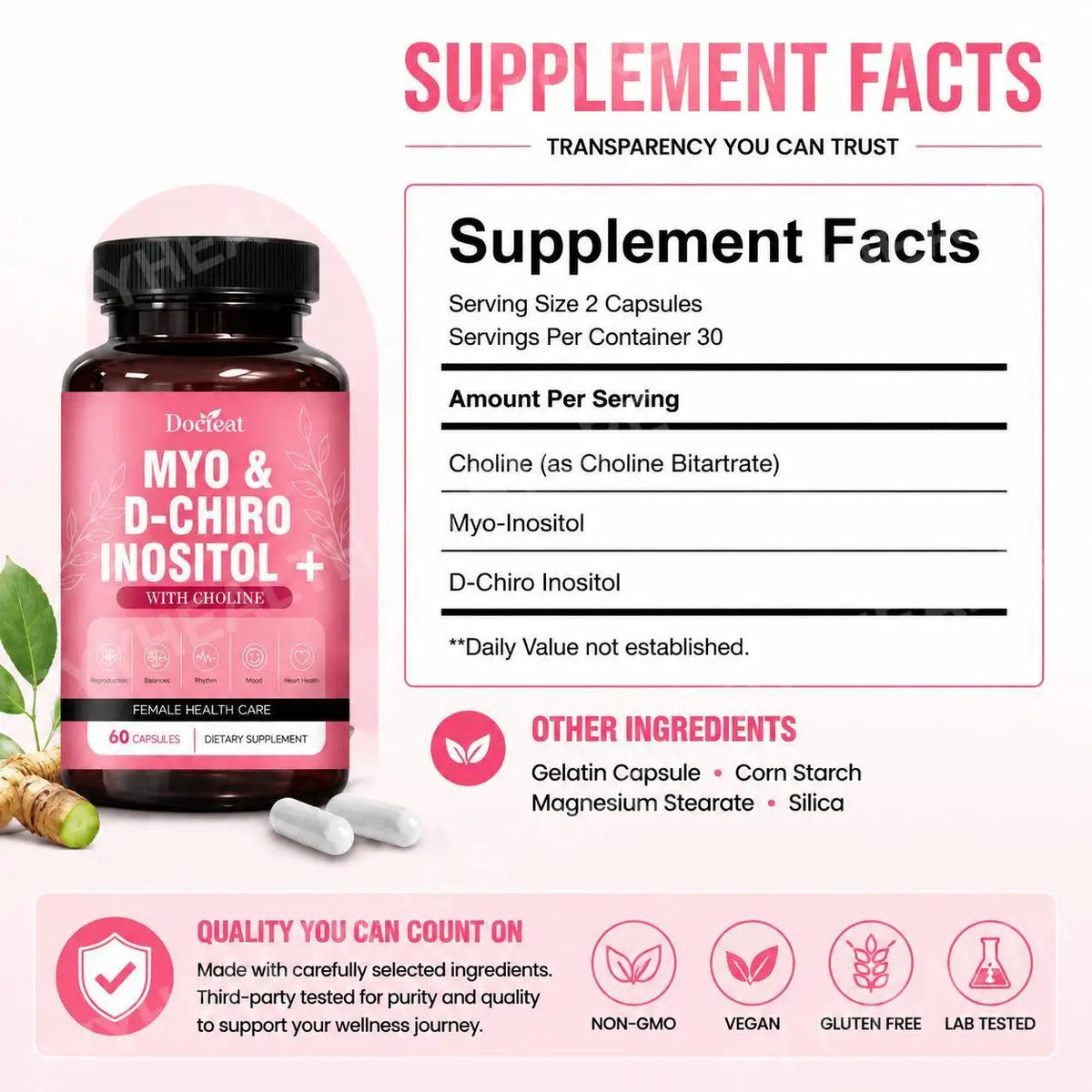 Myo-Inositol & D-Chiro Inositol + Choline Capsules – 60ct Inositol Supplement Qst