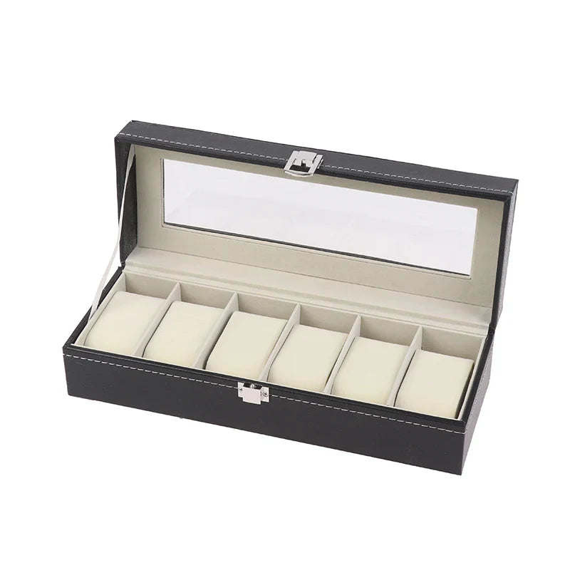 PU Leather Watch Box Display Case with Framed Glass Lid Watch Display Case Qme 6 Slot